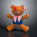 Brown Teddy Bear With Red Heart Red Eye Pink Bow Tie Blue Vest And Tag