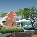 Fun Children's Play Area With Slide Water Pool Dome Structure And Green Plants