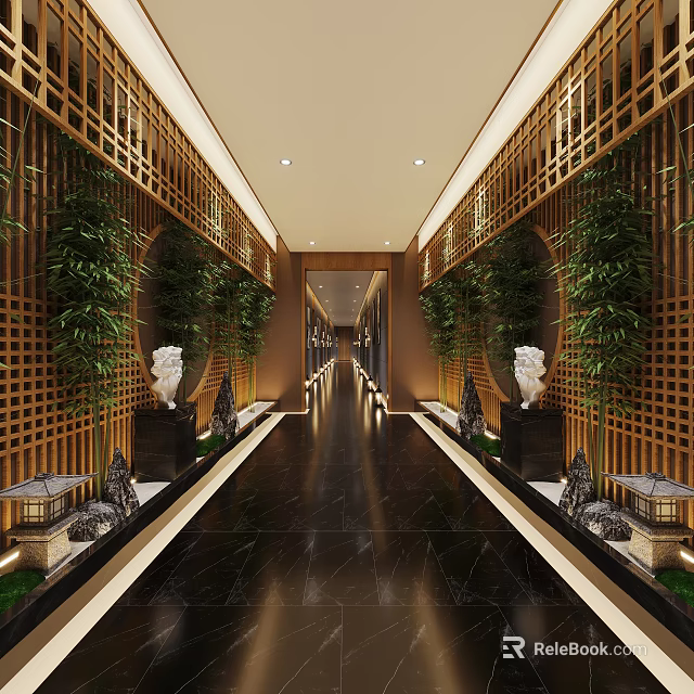 Modern Chinese Elevator Hallway With Wooden Lattice Green Plants White Lion Statues And Black Marble 3d model 