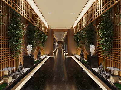 Modern Chinese Elevator Hallway With Wooden Lattice Green Plants White Lion Statues And Black Marble 3d model
