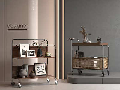 Mobile Storage Carts With Metal Frame Wooden Shelves And Rattan Baskets For Decorative Items 3d model