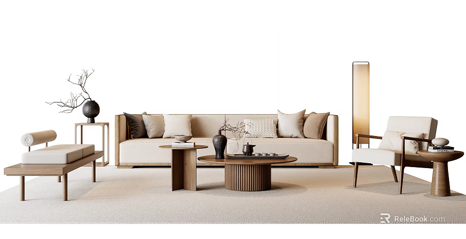 Modern Beige Sofa And Wooden Coffee Table Set With Decorative Cushions And Floor Lamp 3d model 