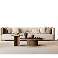 Modern Beige Sofa And Wooden Coffee Table Set With Decorative Cushions And Floor Lamp