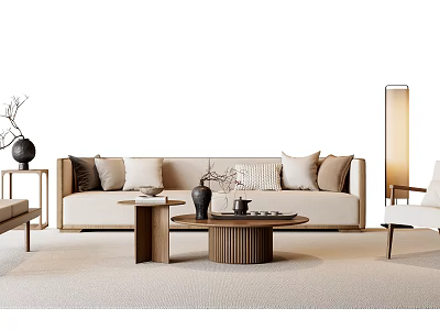 Modern Beige Sofa And Wooden Coffee Table Set With Decorative Cushions And Floor Lamp 3d model