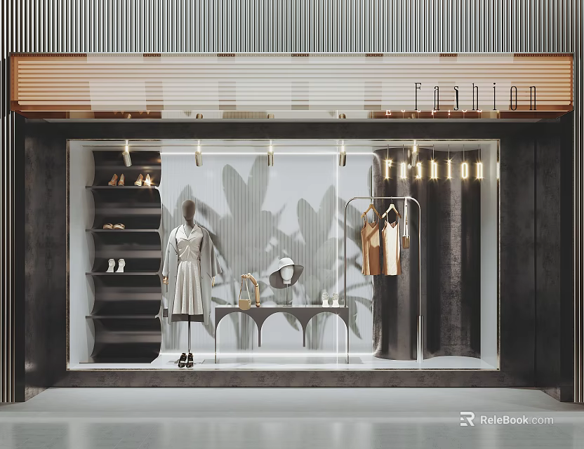 Elegant Fashion Store Window Display With Mannequin Clothing Shoes And Decorative Lighting 3d model 