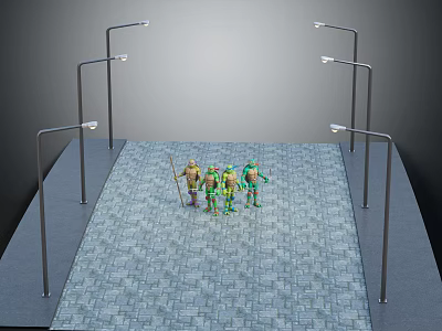 Teenage Mutant Ninja Turtles Standing On Stone Pavement With Street Lamps Around 3d model