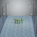 Teenage Mutant Ninja Turtles Standing On Stone Pavement With Street Lamps Around