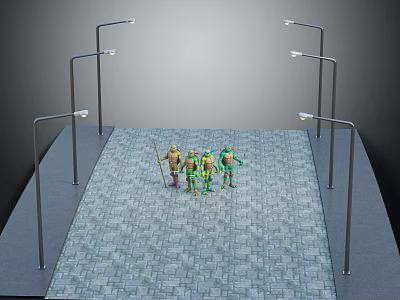 Teenage Mutant Ninja Turtles Standing On Stone Pavement With Street Lamps Around 3d model