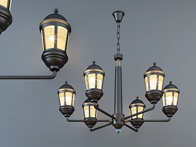 Classic Vintage Bronze Chandelier Featuring Six Glass Shades And Warm Illuminated Lights 3d model