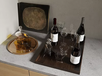 Wine Bottles and Glasses on Wooden Tray with Gold Platter Artwork and Grey Countertop 3d model