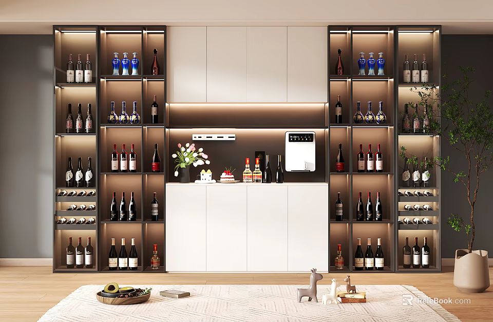 Modern Elegant Wine Cabinet With Glass Doors LED Lighting And Multiple Bottle Storage 3d model 