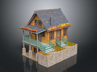 Wooden Residential House With Gray Roof Green Stairs Orange Decorations And Stone Base 3d model