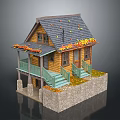 Wooden Residential House With Gray Roof Green Stairs Orange Decorations And Stone Base