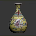 Sculpted Yellow Vase With Dragon Handles And Colorful Floral Carved Patterns