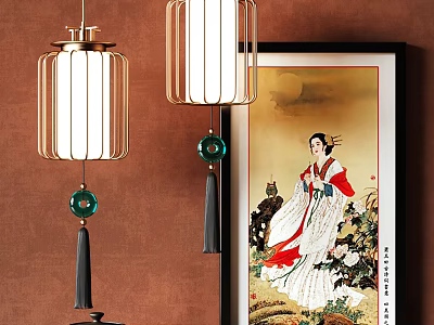 Chinese Pendant Lights With Metal Frame White Shade Green Bead Black Tassel And Traditional Painting 3d model