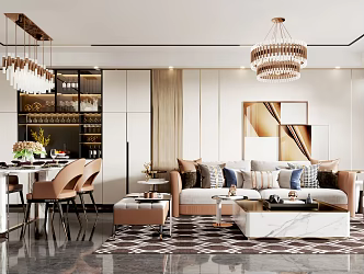 Light luxury dining room living room dining room 3d model