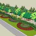 Colorful Flowering Shrubs In Garden Landscape With Green Lawn And Red Path