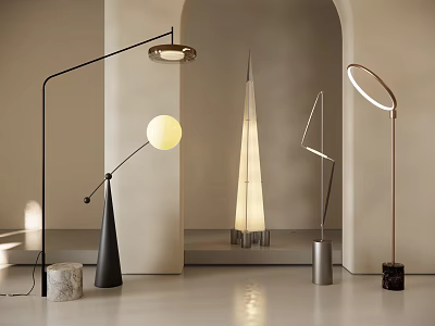 Modern Floor Lamps With Unique Shapes And Marble Metal Bases In Contemporary Interior 3d model