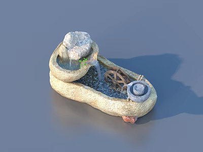 Ornamental Stone Water Fountain Featuring Flowing Water And Decorative Water Wheel 3d model