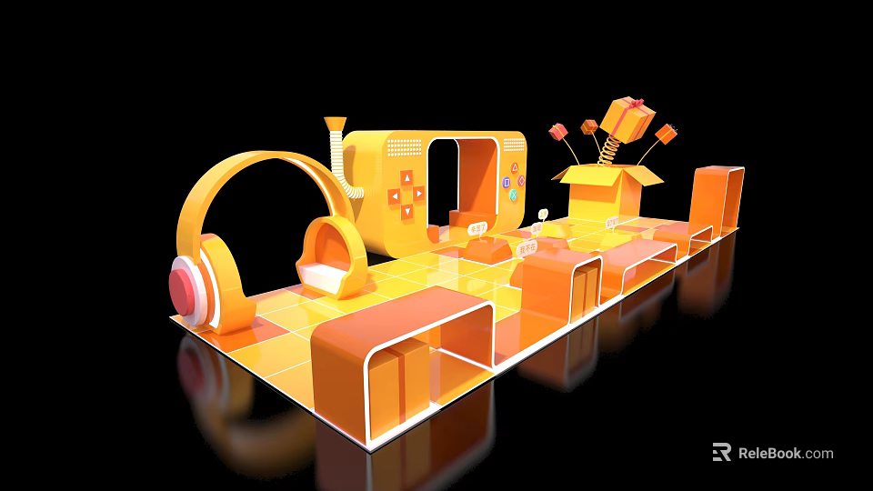 Interactive Orange Themed Photo Spot With Geometric Shapes And Decorative Elements 3d model