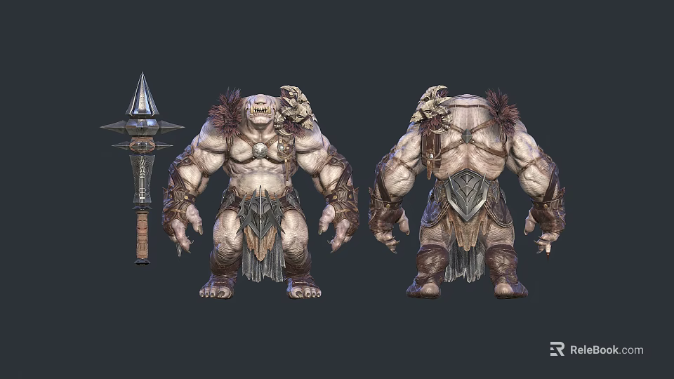 Dual Muscular Fantasy Game Characters With Spiked Weapon Front Back View Tribal Armor Design 3d model 