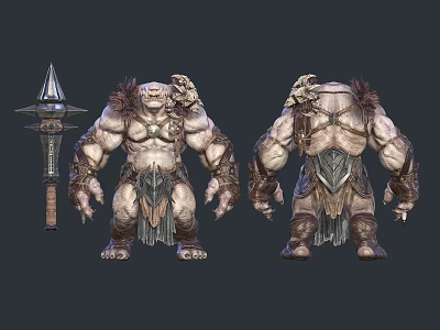 Dual Muscular Fantasy Game Characters With Spiked Weapon Front Back View Tribal Armor Design 3d model