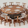 Round Wooden Dining Table And Chair Set With White Plates And Tableware 3d model
