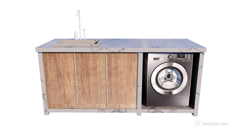 Modern Bathroom Cabinet With Marble Countertop Wooden Doors And Washing Machine 3d model 