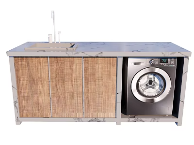 Modern Bathroom Cabinet With Marble Countertop Wooden Doors And Washing Machine 3d model