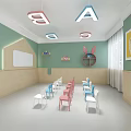Modern Kindergarten Interior With Colorful Reception Desk Bookshelves Stairs And Cloud Decorations