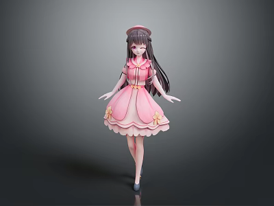 Cute Child Character With Pink Dress Bows Long Hair And Hat 3d model