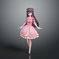Cute Child Character With Pink Dress Bows Long Hair And Hat