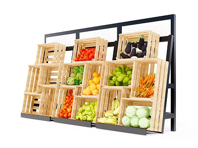 Display Shelf with Multiple Wooden Crates Filled with Assorted Fruits and Vegetables 3d model