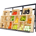 Display Shelf with Multiple Wooden Crates Filled with Assorted Fruits and Vegetables