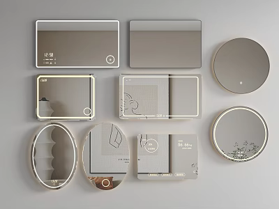 Various Shaped Decorative Mirrors with Square Round Oval Frames Ornate Patterns and Reflective Surfaces 3d model