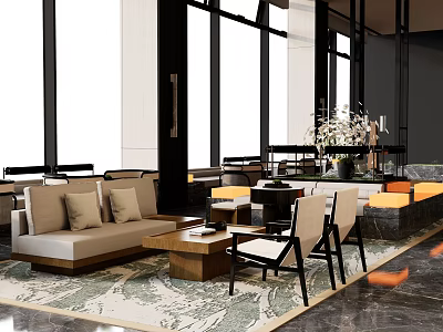Chinese Restaurant Dining Table and Chair Dining Chair Card Seat Sofa Wall Lamp Coffee Table Carpet Chandelier 3d model