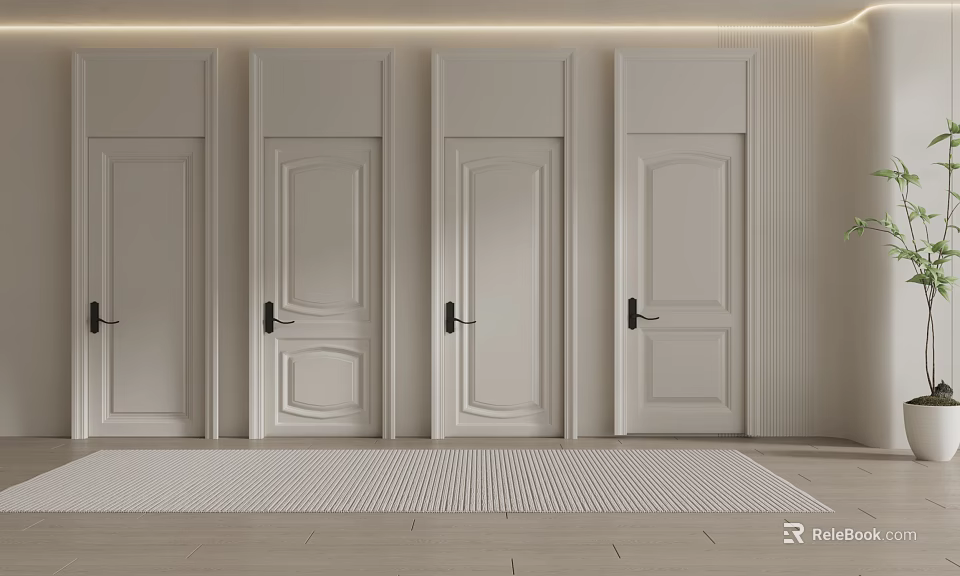 White Hinged Doors With Different Panel Designs In Modern Interior 3d model 