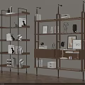 Modern Wooden And Metal Shelves Displaying Books Decorative Sculptures And Photo Frames