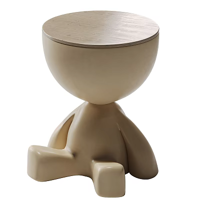 Unique Modern Human-like Figurine Stool With Round Wooden Top And Beige Body Design 3d model