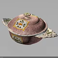 Pink Covered Serving Bowl With Decorative Yellow Flowers Green Leaves And Wing Shaped Handles
