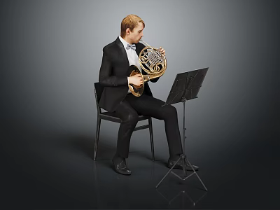 Man in Black Suit With Bow Tie Playing French Horn on Chair Near Music Stand 3d model