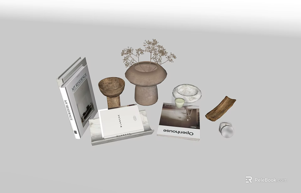 Decorative Ornament Set With Books Mushroom Vase Dried Flowers Wooden Decor And Small Ornaments 3d model 