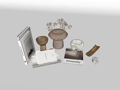 Decorative Ornament Set With Books Mushroom Vase Dried Flowers Wooden Decor And Small Ornaments 3d model
