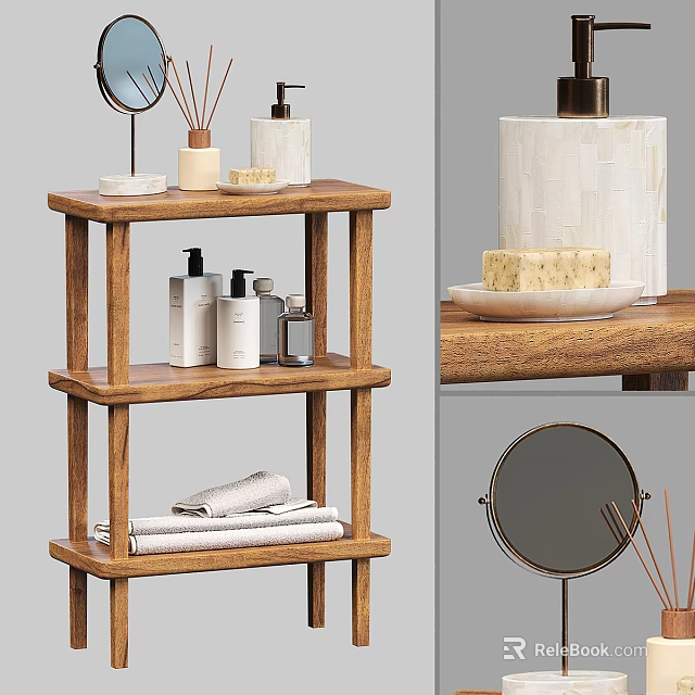 Stylish Bathroom Accessories On Three Tiered Wooden Shelf With Rolled Towels Soap And Round Mirror 3d model 