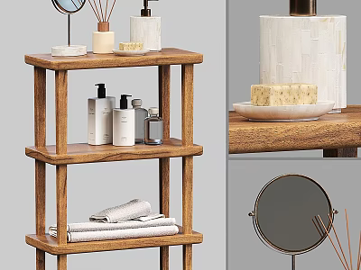Stylish Bathroom Accessories On Three Tiered Wooden Shelf With Rolled Towels Soap And Round Mirror 3d model