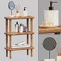Stylish Bathroom Accessories On Three Tiered Wooden Shelf With Rolled Towels Soap And Round Mirror