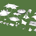 Tensile Membrane Structures Featuring Various White Geometric Shapes And Designs Displayed 3d model