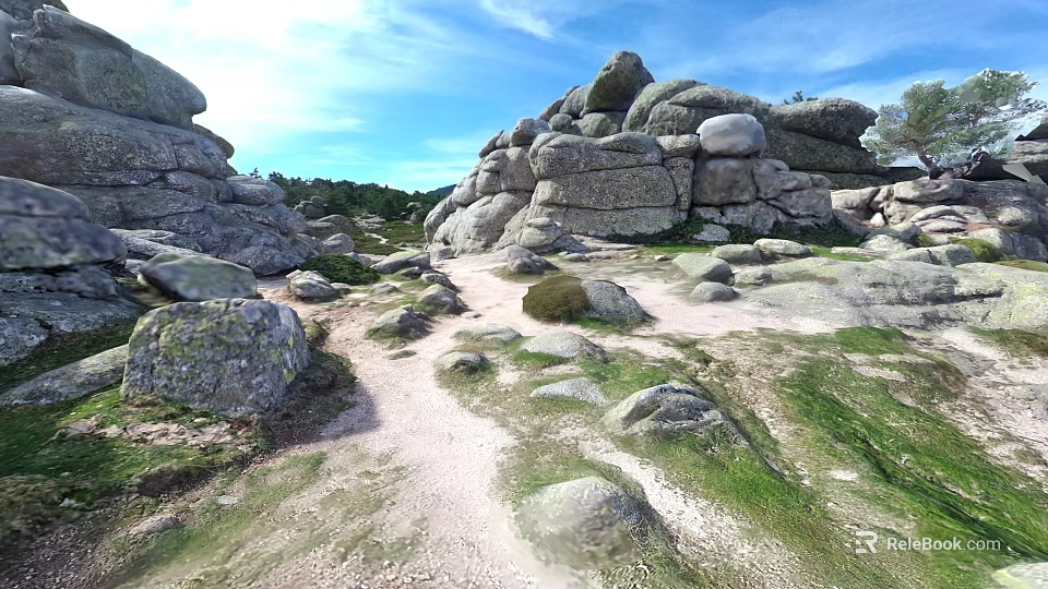 Natural Garden Landscape With Large Boulders Pathway Green Grass And Blue Sky 3d model 
