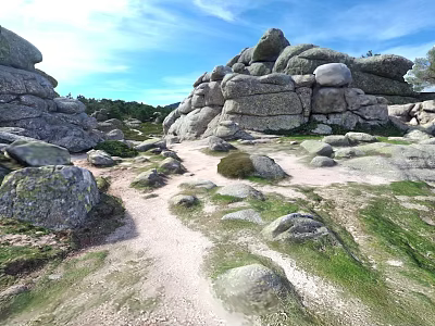 Natural Garden Landscape With Large Boulders Pathway Green Grass And Blue Sky 3d model