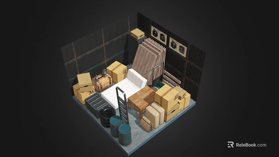Storage Room Interior With Multiple Boxes Bed Wooden Planks Barrels And Wall Frames 3d model 